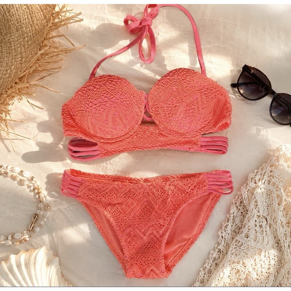NWT Tinibikini Neon Pink Crochet Bandeau Strappy Bottoms Padded 2 pc Bikini